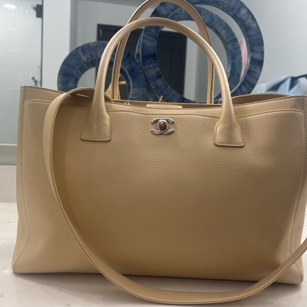Calfskin Cerf Executive Shopper Tote in Beige